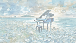 AI Generated image of a piano on the Willapa Bay, Washington surrounded by oystershells.