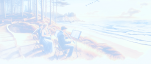 AI Generated image of a musician trio playing instruments overlooking the pacific ocean.