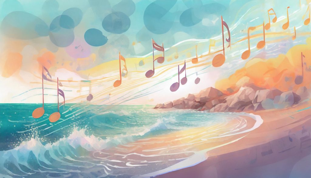AI Generated image of music notes in pastel colors floating over the ocean shore line