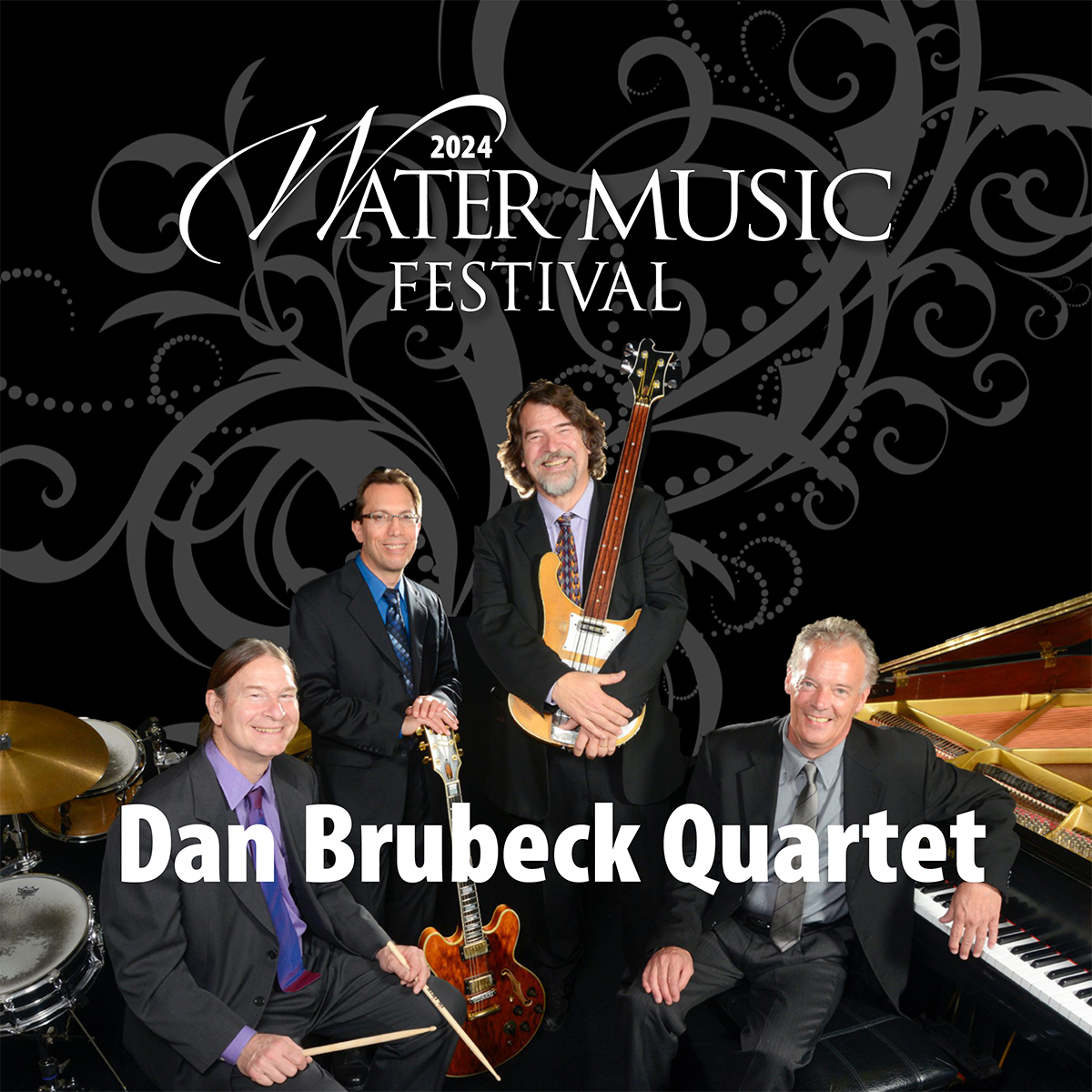 The four musicians known as the Dan Brubeck Quartet with their instruments. A drummer at his kit, a pianist at a grand piano, a guitarist holding his guitar in front of him with both hands and a bass player holding the neck of his bass which is standing on the floor. Behind them is a black backdrop with swirls and the logo to the Water Music Festival 2024.