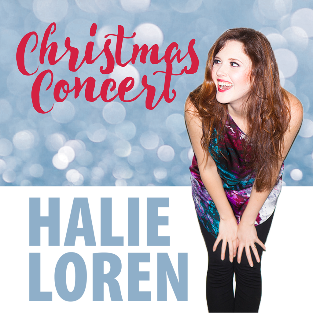Musician Halie Loren standing with bright light reflecting on her face and colorful outfit on the poster for the Water Music Society Christmas Concert.