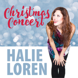 Musician Halie Loren standing with bright light reflecting on her face and colorful outfit on the poster for the Water Music Society Christmas Concert.